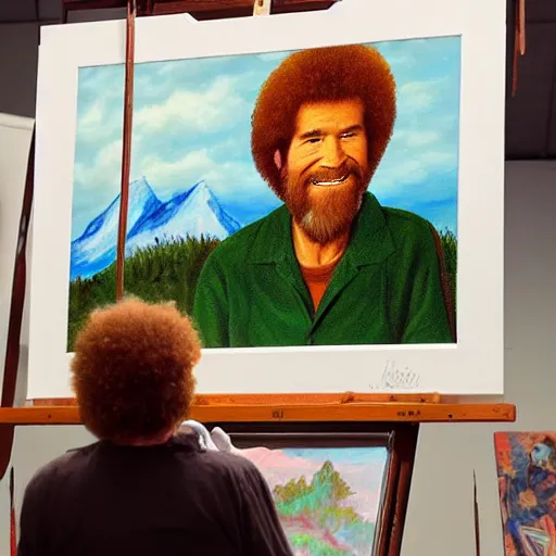 Image similar to Bob Ross painting a recursive self portrait