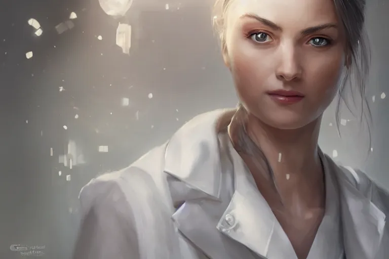 Image similar to an elegant and beautiful female doctor in a white coat in a hospital ward, cinematic, highly detailed, digital painting, artstation, concept art, matte, sharp focus, illustration, art by artgerm and greg rutkowski