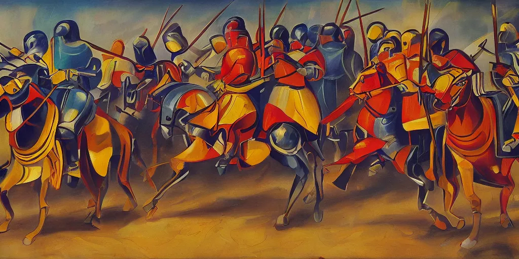 Image similar to futurism style painting of medieval knights jousting