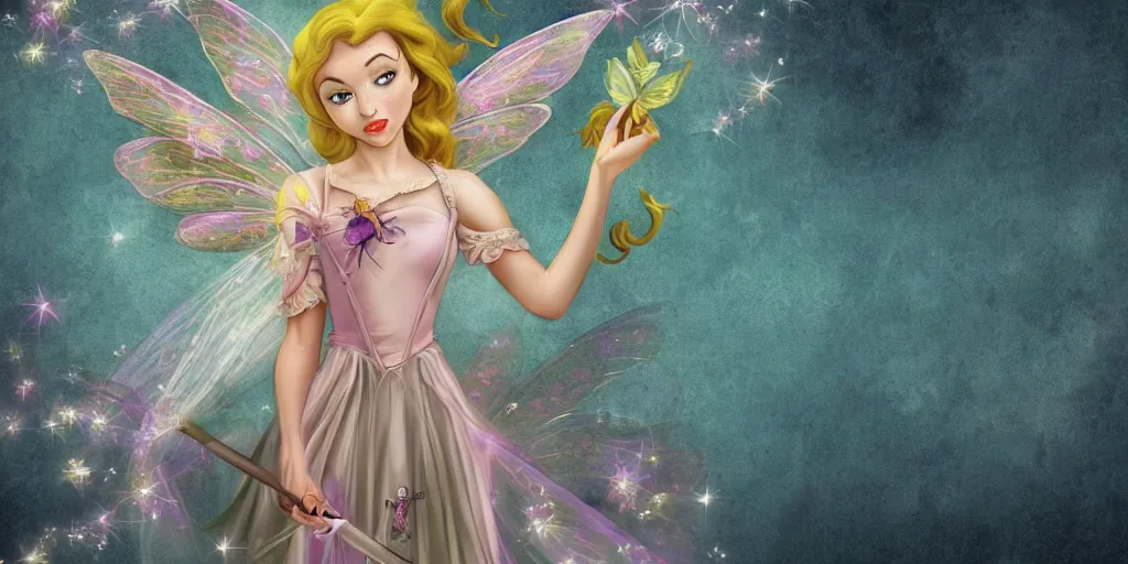 Prompt: Wallpaper beautiful fairy with a wand casting a spell in the style of Disney
