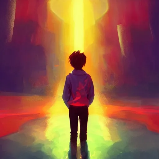 Prompt: a stylized portrait of a young boy as a wizard, stylized, arcane magic, orange vapor, neon color, vivid color, lens flare, volumetric light from above, background by liam wong, art by raymond swanland + marc simonetti + greg rutkowski + harumi hironaka