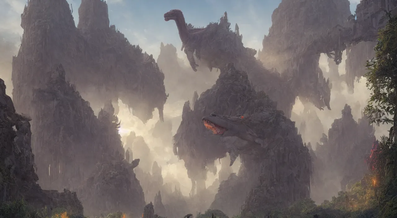 Image similar to technicolor dinosaurs, glowing with magic, surrounded by slate grey walls, matte painting, fantasy art, concept art, greg rutkowski, james gurney, johannes voss, hasui kawase.