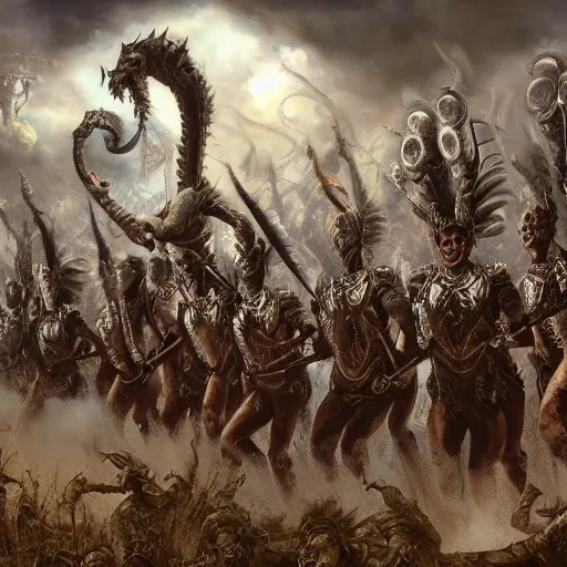 Image similar to marching band playing music, intricate detail, royo, vallejo, frazetta, giger, whealan, hd, unreal engine,