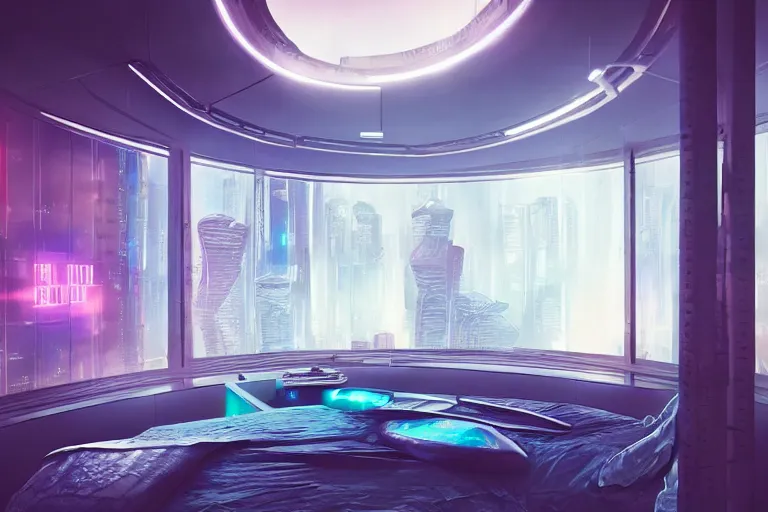 Image similar to a futuristic bedroom with large curved ceiling high windows looking out to a far future cyberpunk cityscape, cyberpunk neon lights, raining, scifi