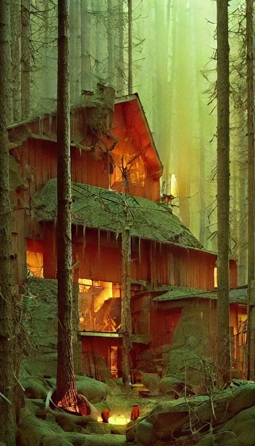 Image similar to cozy home in the woods moody lighting, highly detailed, painting by zdzisław beksinski and norman rockwell and greg rutkowskiweta studio, and lucasfilm