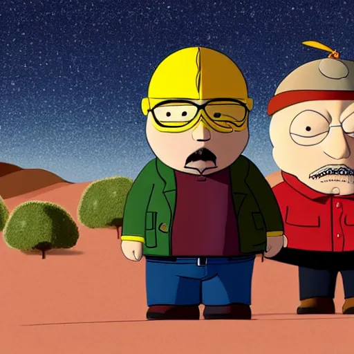 Image similar to walter white from breaking bad wearing a leather jacket, meets with eric cartman in the desert, day time, photograph, realistic