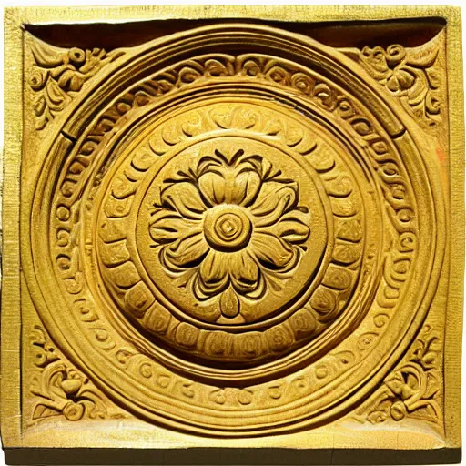 Prompt: ornate engraved carving of a high - relief rose in a flat circular inset on a square gold panel
