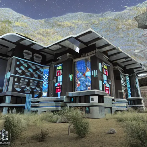 Image similar to cybernetic futuristic ndebele homestead seen from the front, highly detailed, octane rendered