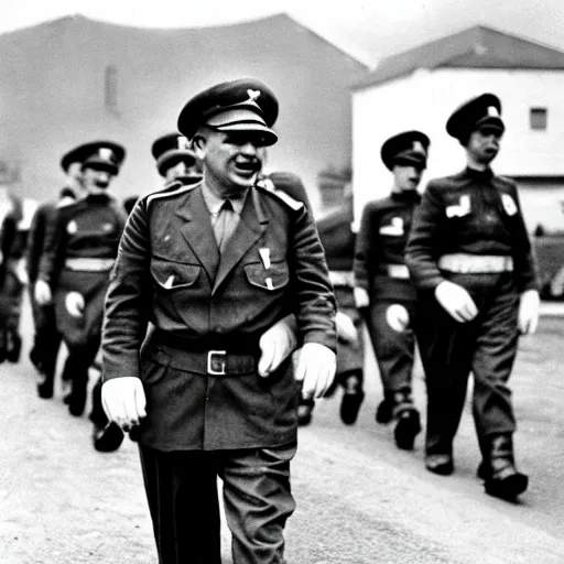 Prompt: mario as prison camp guard marching, wwii