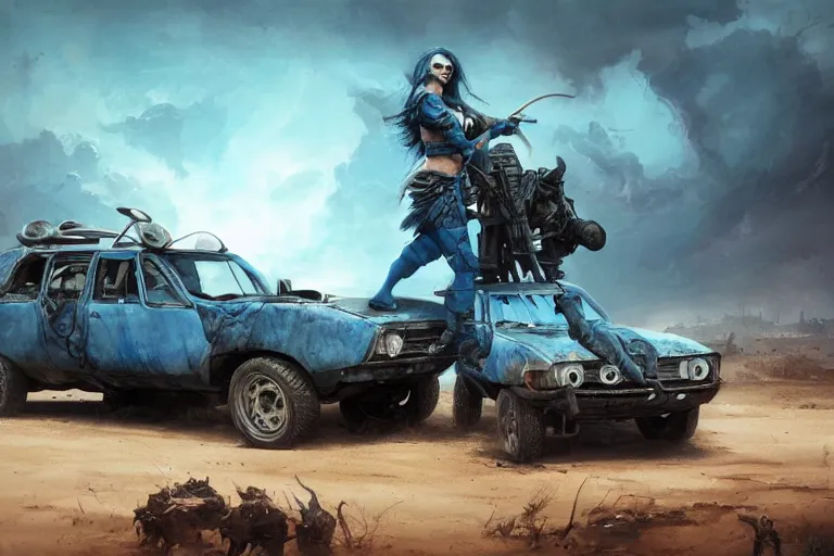 Image similar to a Dacia 1310, in Mad Max style, coriolios rpg art style, full of details, dark sci-fi, cold blue colors, matte painting, artstation, 8k, hyperrealistic, style of peter mohrbacher