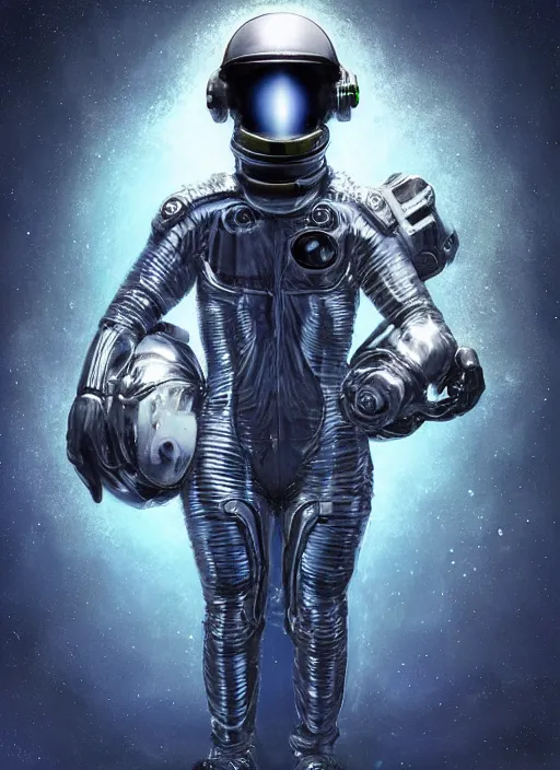 Image similar to astronauts aliens in dark and empty void underwater - complex and hyperdetailed technical suit. reflection and dispersion materials. glowing helmet. rays and dispersion of light. volumetric light. 5 0 mm, f / 3 2. noise film photo. flash photography. ultra realistic, wide angle. poster by wayne barlowe, hajime sorayama aaron horkey, craig mullins