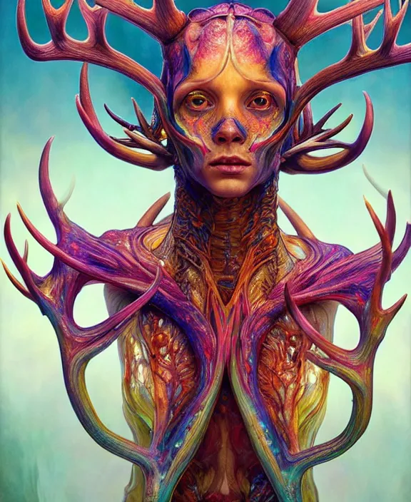 Prompt: intricate colorful transparent portrait of a terrifying beautiful alien sea creature, antlers, mottled coloring, adorable, childlike, anxiety environment, ultra realistic, concept art, art nouveau, photorealistic, octane render, 8 k, unreal engine. art by christopher marley and artgerm and greg rutkowski and alphonse mucha