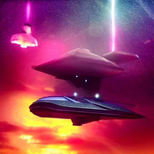 Image similar to ultra detailed sci fi spaceship flying in the sky under rain, bloom, contrasted lights