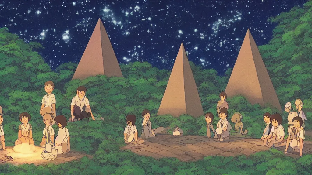 Image similar to a movie still from a studio ghibli film showing a glowing pyramid in the rainforest. a group of giant wizards meditate outside on a misty and starry night. by studio ghibli