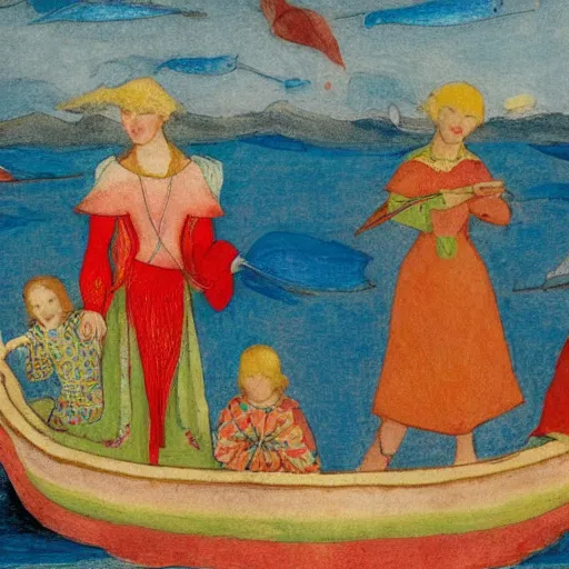 Image similar to The conceptual art depicts a group of well-dressed women and children enjoying a leisurely boat ride on a calm day. The women are chatting and laughing while the children play with a toy boat in the foreground. by Phoebe Anna Traquair flowing