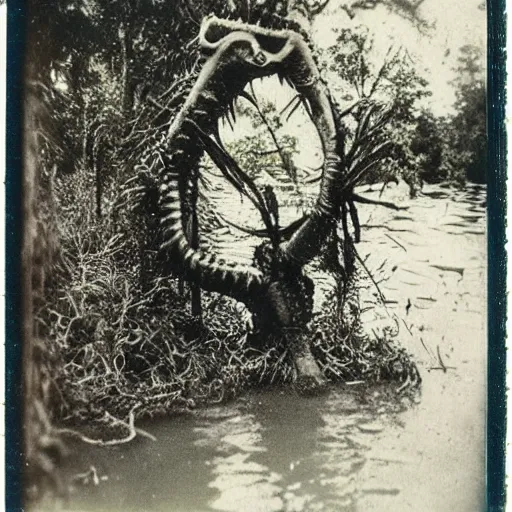 Prompt: creepy lovecraftian monster in swamp, 1910 Polaroid photo