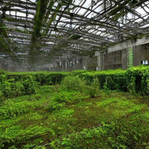 Prompt: A old abandoned control room overgrown with vines, ivy, moss, and vegetation with computers still functioning with lit screens and lights with a large viewing window into the fog