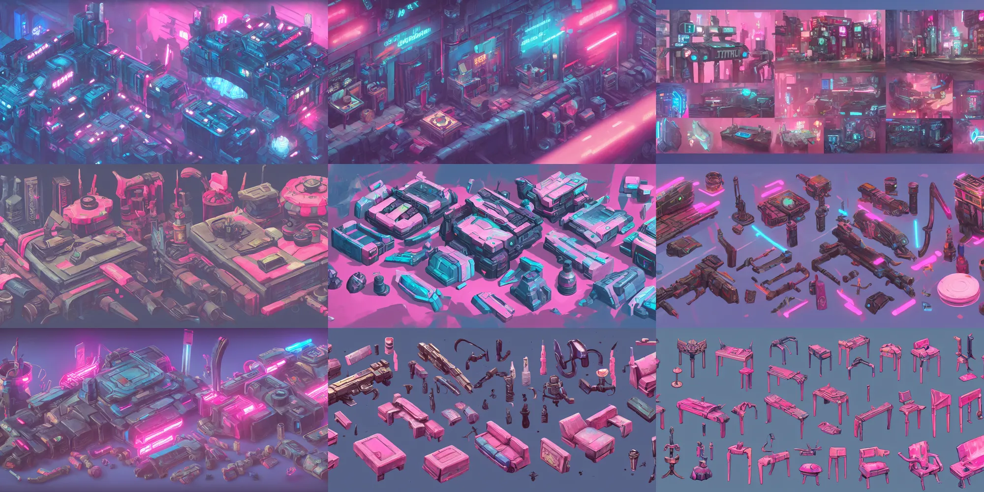 Prompt: game asset of blade runner furniture and decoration, in gouache detailed paintings, props, stylized, 2 d sprites, kitbash, arcane, overwatch, blue and pink color scheme, 8 k, close up