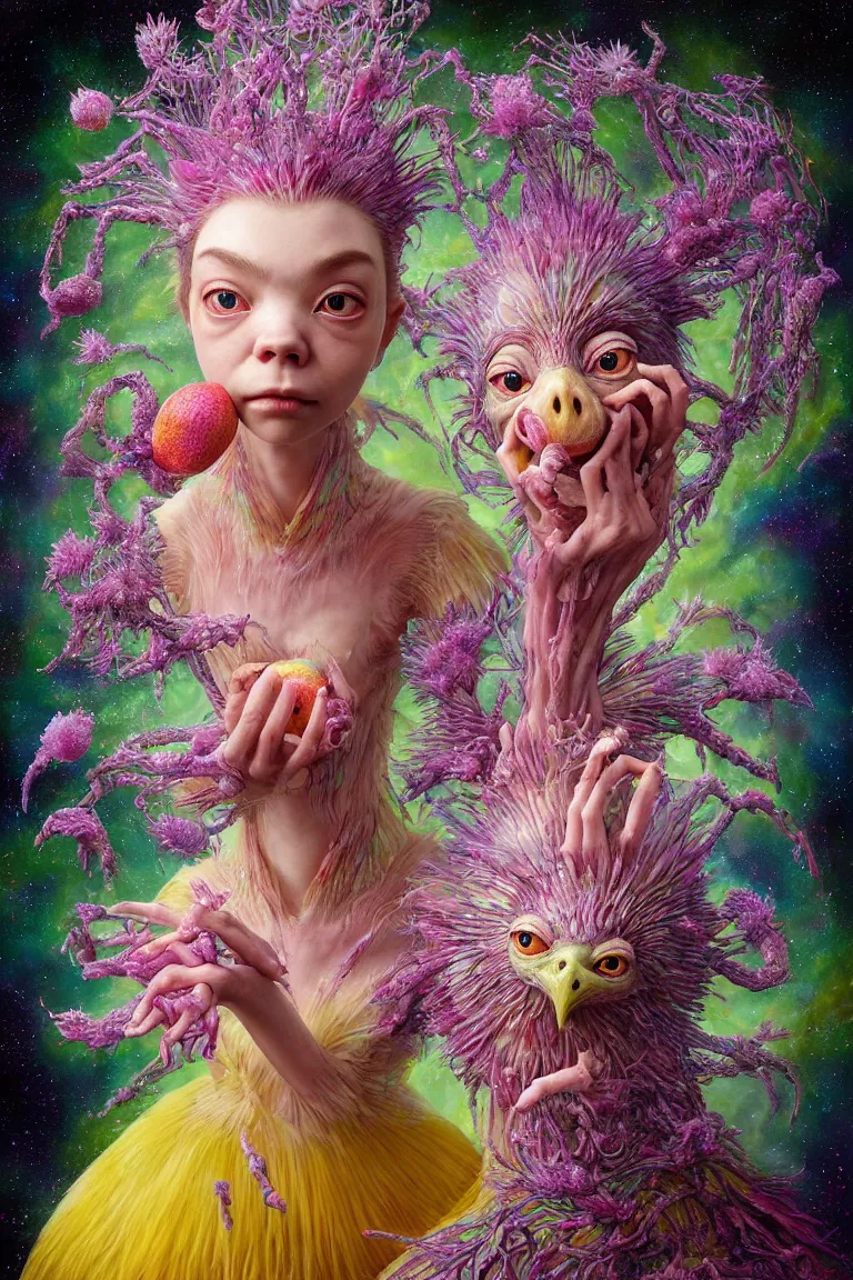 Image similar to hyper detailed 3d render like a Oil painting - kawaii portrait Aurora (a skeksis from dark crystal that looks like Anya Taylor-Joy) seen Eating of the Strangling network of yellowcake aerochrome and milky Fruit and His delicate Hands hold of gossamer polyp blossoms bring iridescent fungal flowers whose spores black the foolish stars by Jacek Yerka, Ilya Kuvshinov, Mariusz Lewandowski, Houdini algorithmic generative render, Abstract brush strokes, Masterpiece, Edward Hopper and James Gilleard, Zdzislaw Beksinski, Mark Ryden, Wolfgang Lettl, hints of Yayoi Kasuma, octane render, 8k