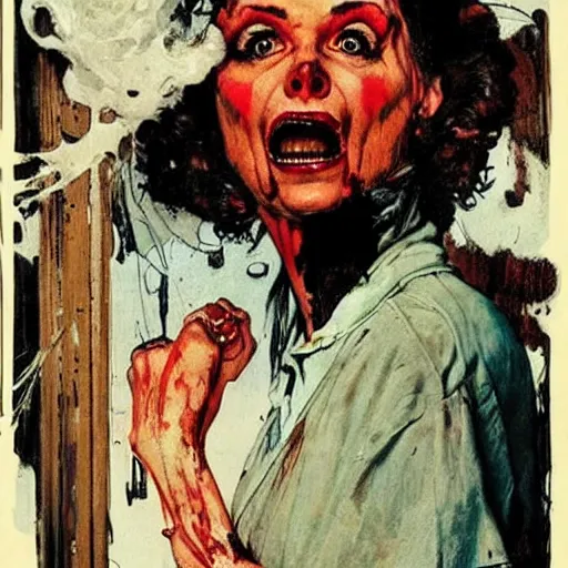 Image similar to style of Norman Rockwell and Rafael Albuquerque comic book art:: ghastly full face woman, scary horrible witch look on face, screaming angry:: extremely long nails, red:: female ghost with white dress:: floating over a lake:: night time, dark, full moon::2 scary terrifying horror::