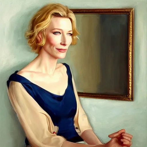 Image similar to cate blanchett in low-cut blouse in front of a mirror, painting by Vladimir Volegov