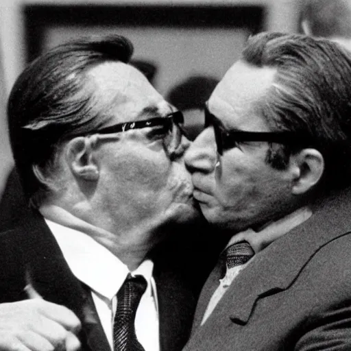 Image similar to Leonid Brezhnev and Erich Honecker. A hot kiss. Social realism.