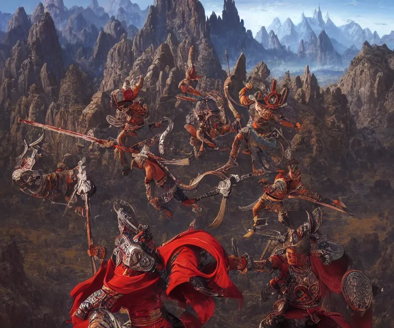 Image similar to wide angle shot from above of silver ornate armor slim muay thai handsome warriors in battle!!! mountains and giant gothic abbeys in the background, fine detail, 8 k, high contrast color scheme, blue at the background red at the foreground!!!, dynamic perspective, oil canvas by greg rutkowski and peter mohrbacher