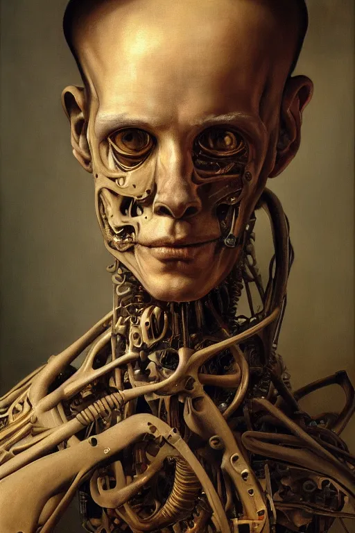 Prompt: beautiful oil painting portrait of biomechanical young man face connected to the machine by wayne barlowe, rembrandt complex, stunning, realistic skin color, 4 k, high res, awardwinning, masterpiece, realistic lighting
