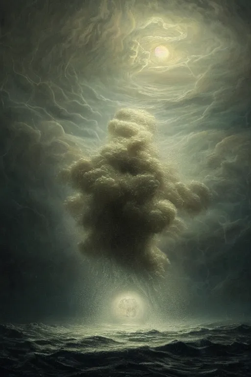 Image similar to Intricate stunning highly detailed water deity emerging from a stormy ocean by agostino arrivabene, Greg Rutkowski , surreal, digital painting, ultra realistic, Horror vacui, beautiful lighting, full moon, thick swirling tornado, artstation