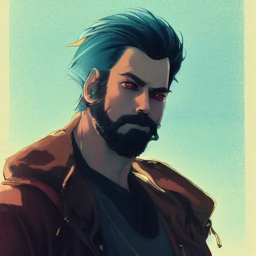 Image similar to concept art character, very high angle view, book cover, very attractive man with beard, walking in cyberpunk valley highly realistic shaded Perfect face, fine details, Anime. realistic shaded lighting by Ilya Kuvshinov katsuhiro otomo ghost-in-the-shell, magali villeneuve, artgerm, rutkowski, WLOP Jeremy Lipkin and Giuseppe Dangelico Pino, borderlands 3 style, Michael Garmash and Rob Rey book cover, deep shadows, , extremely fine inking lines