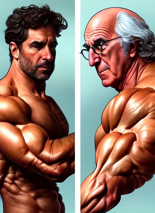 Image similar to portrait of larry david with synthol muscles, d & d, muscular! fantasy, intricate, elegant, highly detailed, digital painting, artstation, concept art, smooth, sharp focus, illustration, art by artgerm and greg rutkowski and alphonse mucha