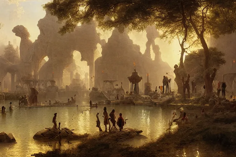 Image similar to detailed painting of a multiverse gateway in ancient mesopotamia in the middle of a sulphur lake, filigree ornaments, andreas achenbach, simon stalenhag