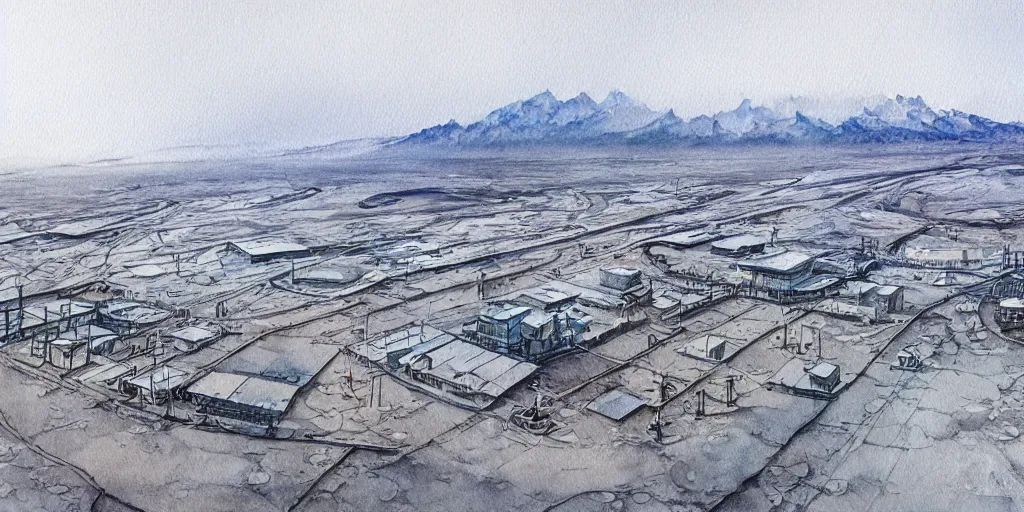 Image similar to norilsk russian town, sci fi, lunar soil, city on the moon, a detailed image of a future norilsk base, minimal masterpiece watercolor painting, trending on artstation