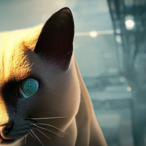 Image similar to siamese cat cow hybrid, fineline detail, cinematic quality, high octane splash art, movie still, cinematic lighting, ray tracing, detailed face, octane render, long lens, shallow depth of field, bokeh, anamorphic lens flare, 8 k, hyper detailed, 3 5 mm film grain