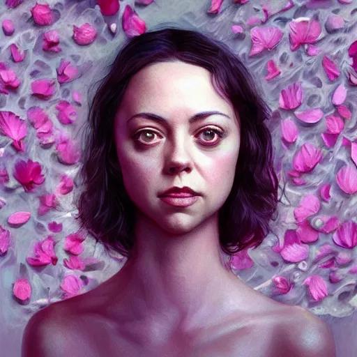 Prompt: pink petals with a a wonderful aubrey plaza and christina ricci mixed with mona lisa, intricate, elegant, highly detailed, wonderful eyes, sweet, digital painting, artstation, concept art, smooth, sharp focus, illustration, art by artgerm and greg rutkowski and concept art, rectilinear vaporwave