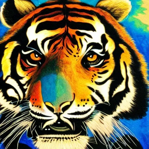 Image similar to painting of a tiger, hotline miami style