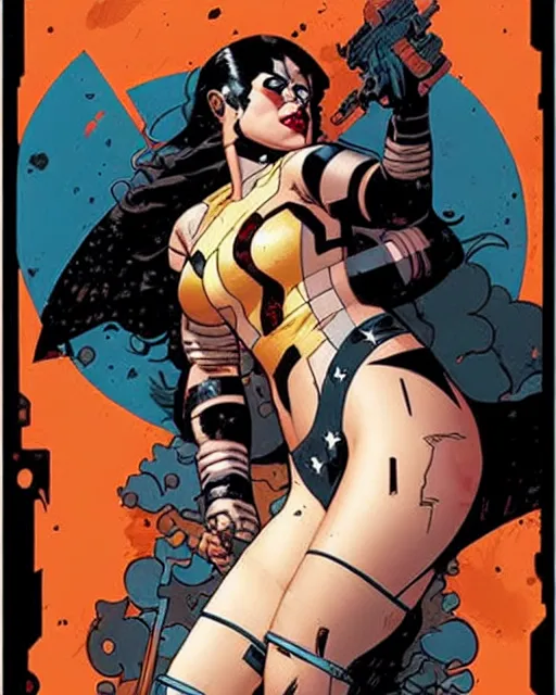 Image similar to mike mignola and sandra chevrier comic cover art, full body cute young lady, symmetrical eyes, bangs, rim lighting, vivid colors