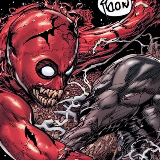 Image similar to carnage symbiote fighting dead pool in new york on a dark and stormy night