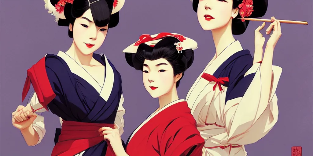 Image similar to geisha school, in the style of studio ghibli, j. c. leyendecker, greg rutkowski, artgerm