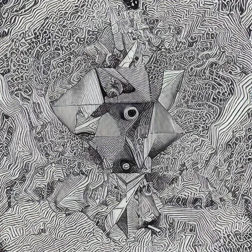 Image similar to “geometrically surreal cubescape, extremely high detail, photorealistic, intricate line drawings, dotart, album art in the style of James Jean”