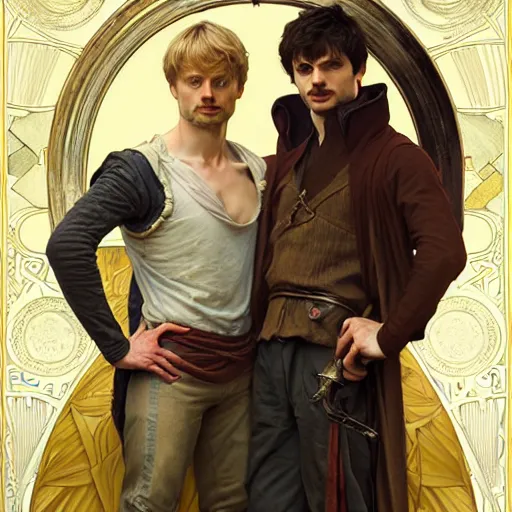 Prompt: bradley james as arthur pendragon and colin morgan as merlin. highly detailed painting by artgerm, alphonse mucha, greg rutkowski, 8 k