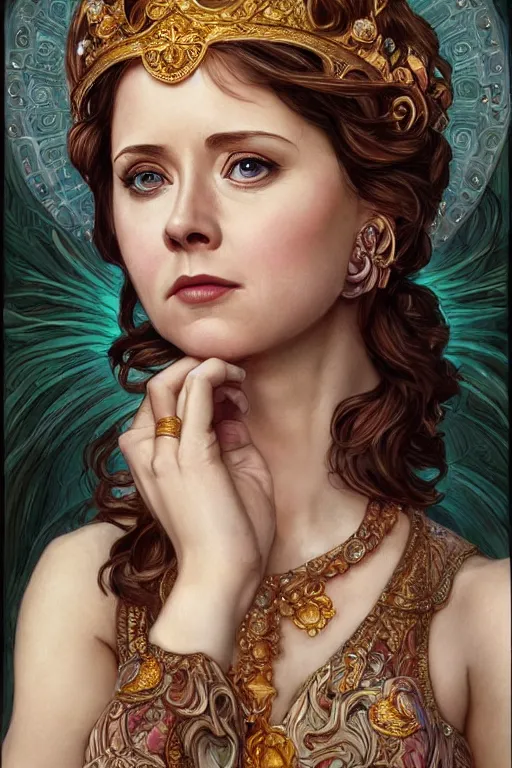 Image similar to Jenna Fischer as a Greek Goddess, cute, fantasy, intricate, elegant, highly detailed, digital painting, 4k, HDR, concept art, smooth, sharp focus, illustration, art by artgerm and H R Giger and alphonse mucha