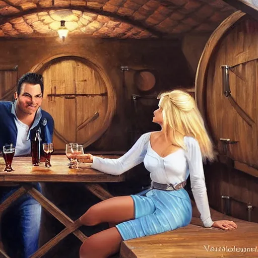 Image similar to blonde woman and Jango Fett drinking beer in a wine cellar, atmospheric, aphrodisiac, romantic, cozy, inviting, love, painting by Vladimir Volegov