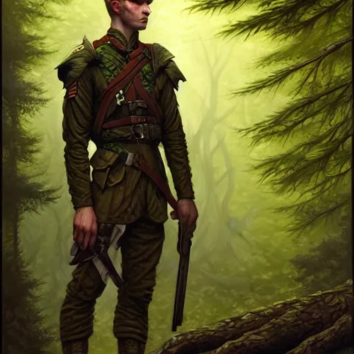 Image similar to male soldier in the forest, by gerald brom!!!, D&D, fantasy, intricate, elegant, highly detailed, digital painting, artstation, concept art, matte, sharp focus, illustration