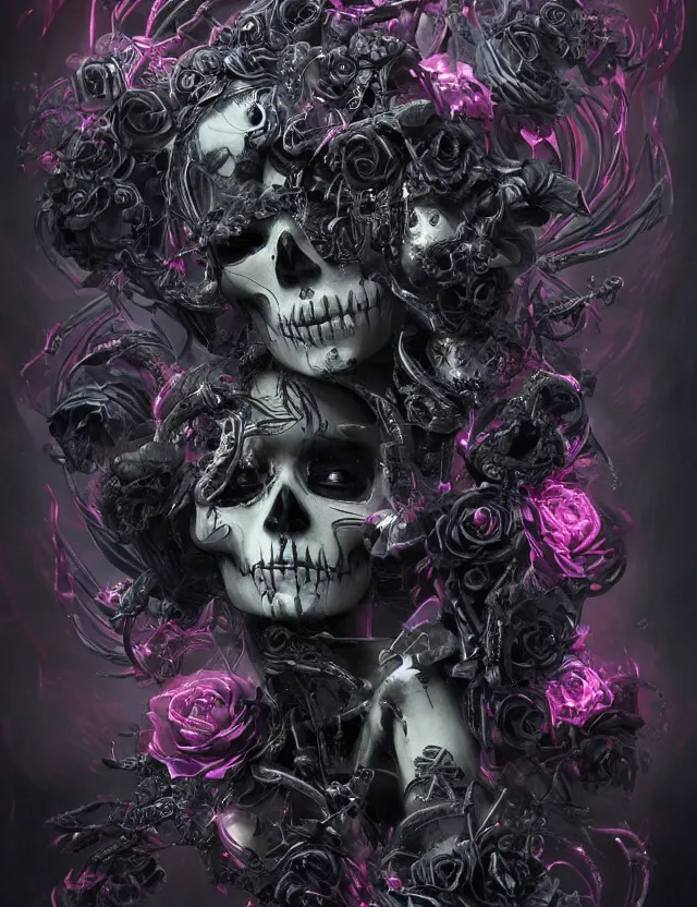 Image similar to a chaotic goddess of death skeleton as a heroine, intricate, elegant skull black rose s day of the dead atmospheric, dramatic, Trending on artstation. augmentations and cybernetic enhancements neon circuits, greg rutkowski , hyperrealist, cinema4D, 8k highly detailed