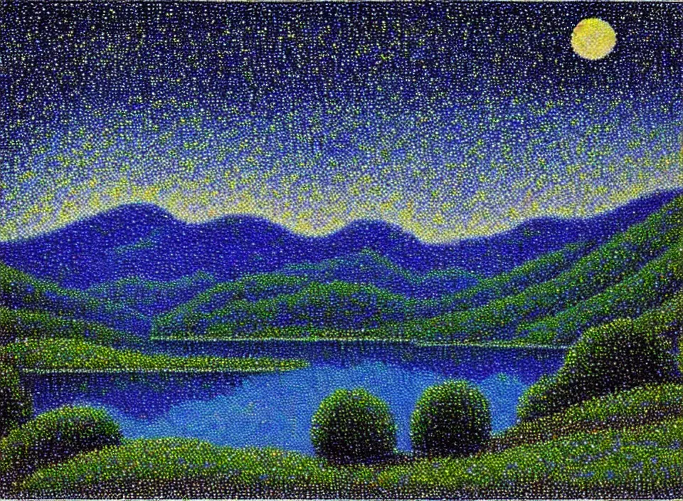 Prompt: a peaceful mountain valley with a lake at night and crescent moon, pointillism