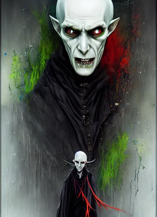 Image similar to a Demon Slayer portrait of Nosferatu, tall, pale-skinned, slender with lime green eyes and long eyelashes by Stanley Artgerm, Tom Bagshaw, Arthur Adams, Carne Griffiths, trending on Deviant Art, street art, face enhance, chillwave, maximalist, full of color, glittering