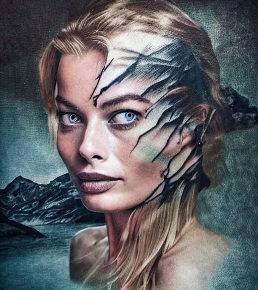 Image similar to tattoo design sketch double exposure of margot robbie faded in beautiful mountain scenery, creative mash up, in the style of arlo dicristina, surrealist, amazing detail, sharp