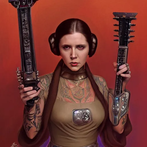 Prompt: princess Leia as a slayer guitar player, heavy tattoos, artstation, intricate, elegant, highly detailed, centered, digital painting, concept art, smooth, sharp focus, illustration, art by artgerm and donato giancola and Joseph Christian Leyendecker, Ross Tran, WLOP