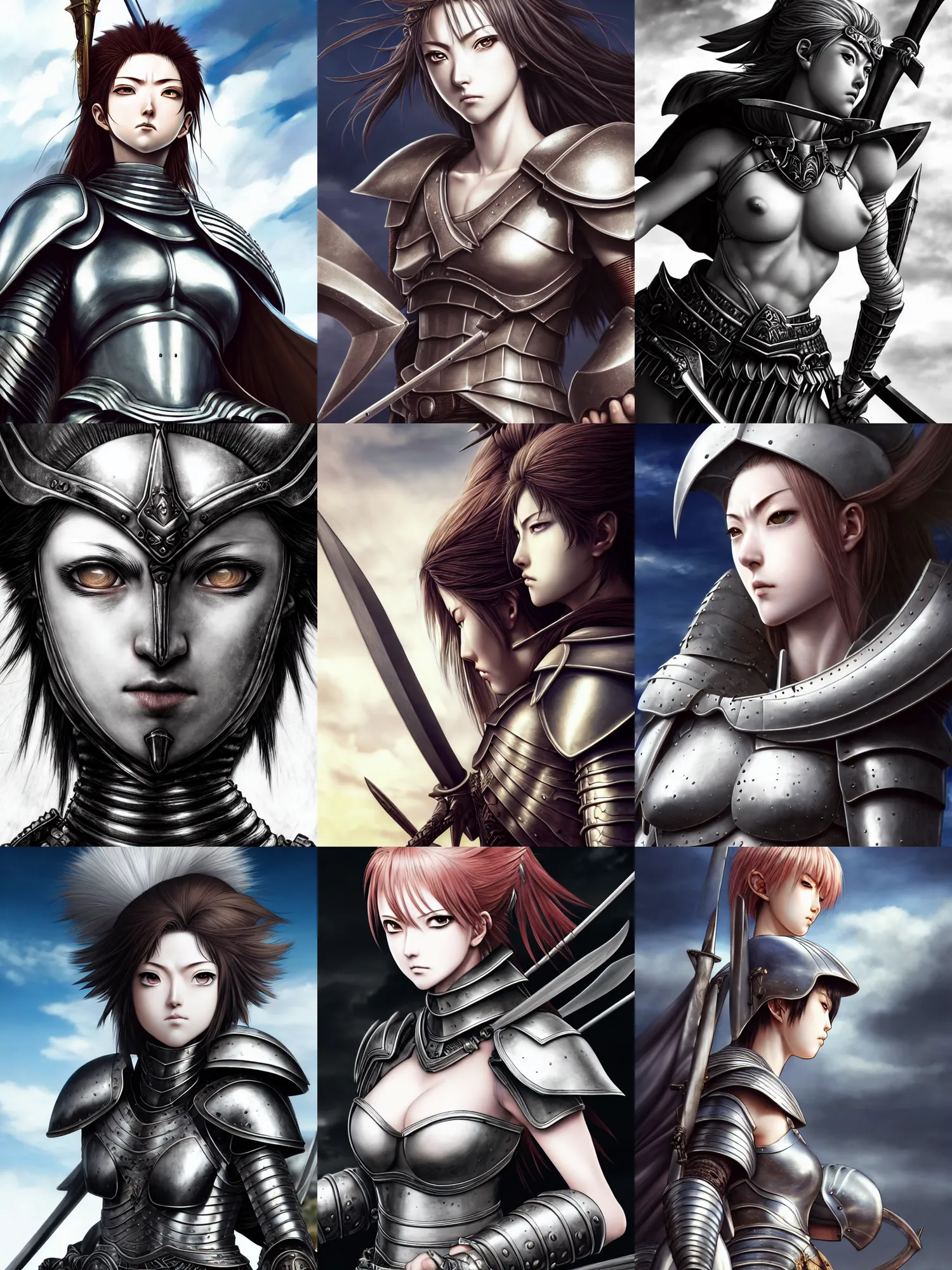 Prompt: close up picture of a female warrior looking at the sky, plate armor, pale skin, highly detailed, detailed face, smooth, sharp focus, chiaroscuro, manga illustration, takehiko inoue, kentaro miura, irakli nadar, artgerm, vania zouravliov, kuvshinov ilya, light novel cover art